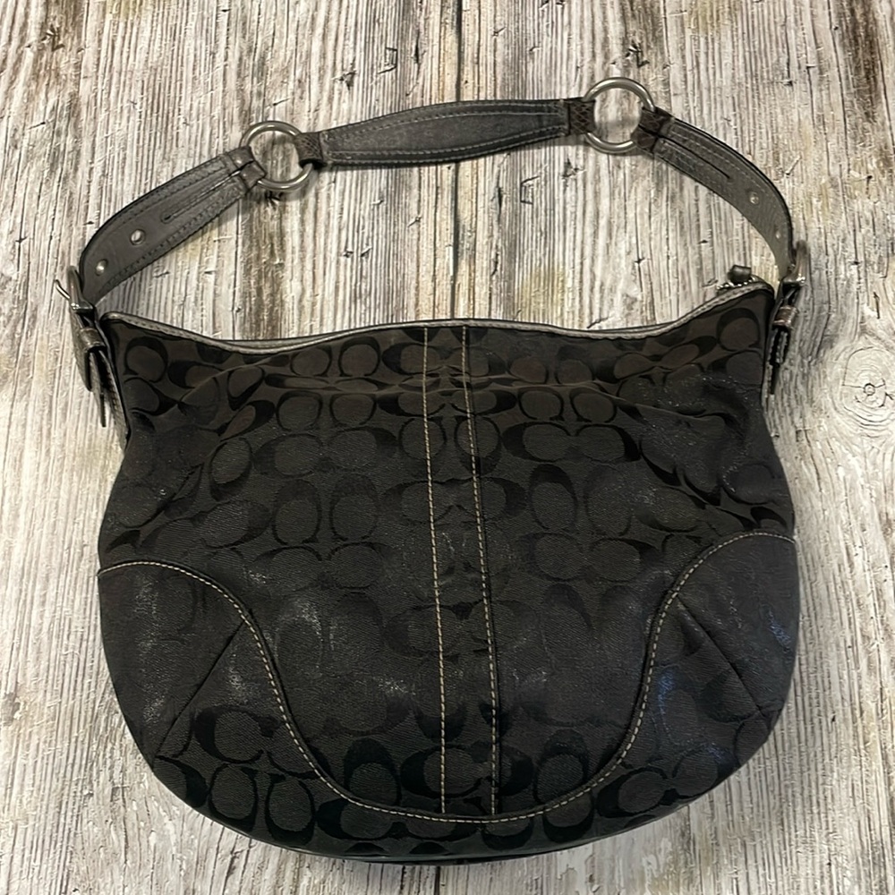 Coach Large Signature Black Charcoal Metallic with snakeskin handle Hobo